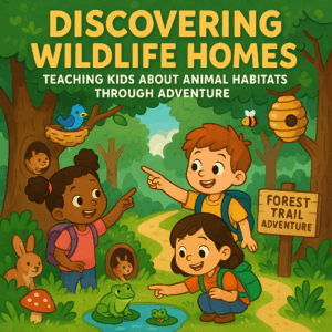 Children learning about animal habitats in forest trail adventure educational video