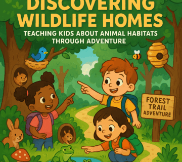 Children learning about animal habitats in forest trail adventure educational video